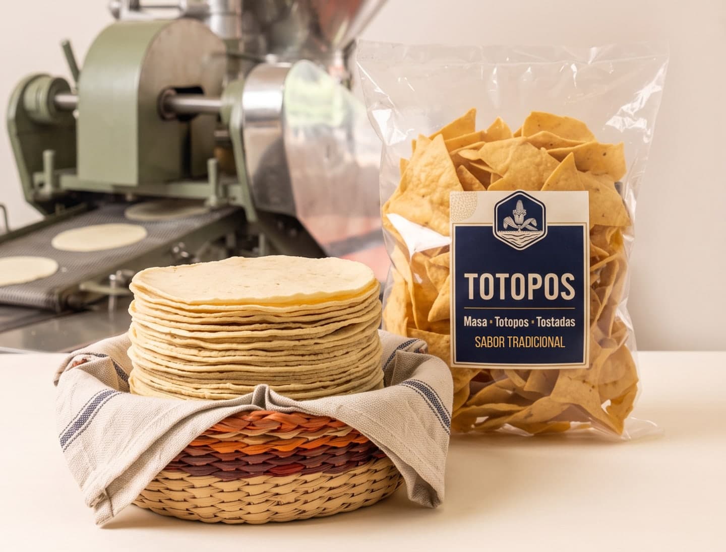 Canasta con tortillas recién hechas y bolsa de totopos frente a la tortilladora