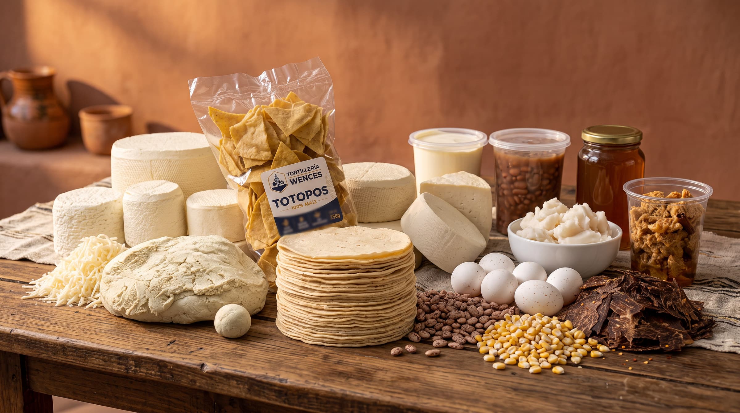 Mesa de madera con la producción completa de Tortillería Wences: quesos de la región, bolsa de totopos, masa, altero de tortillas, frijol, huevo, maíz, crema, manteca, miel y carne seca
