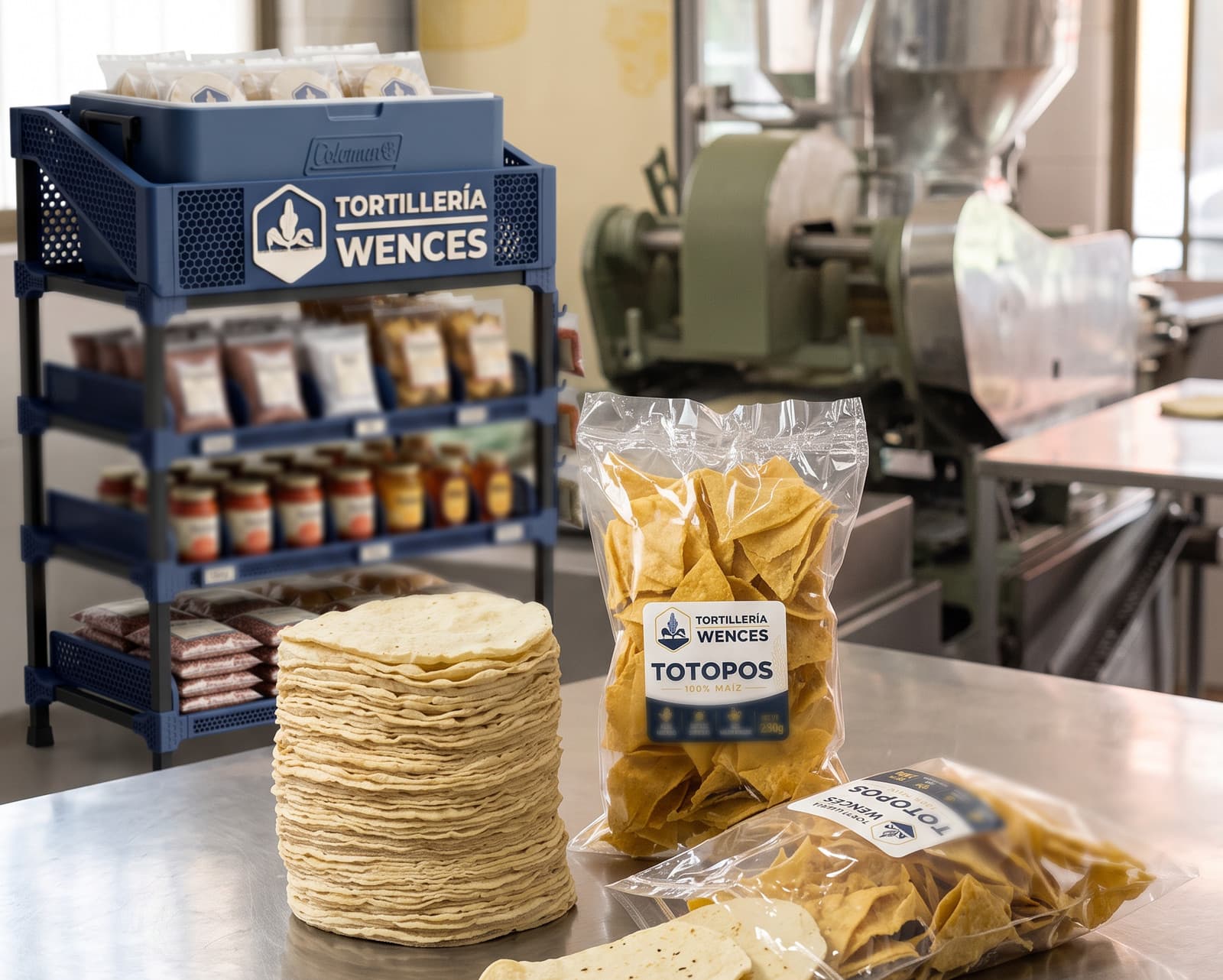 Anaquel de Tortillería Wences surtido con frijol, salsas y totopos, junto a un altero de tortillas y dos bolsas de totopos